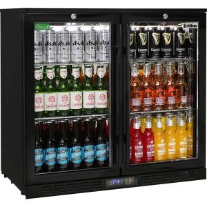 RHINO Commercial Under Bench Black Glass Double Door Bar Fridge Energy Efficient